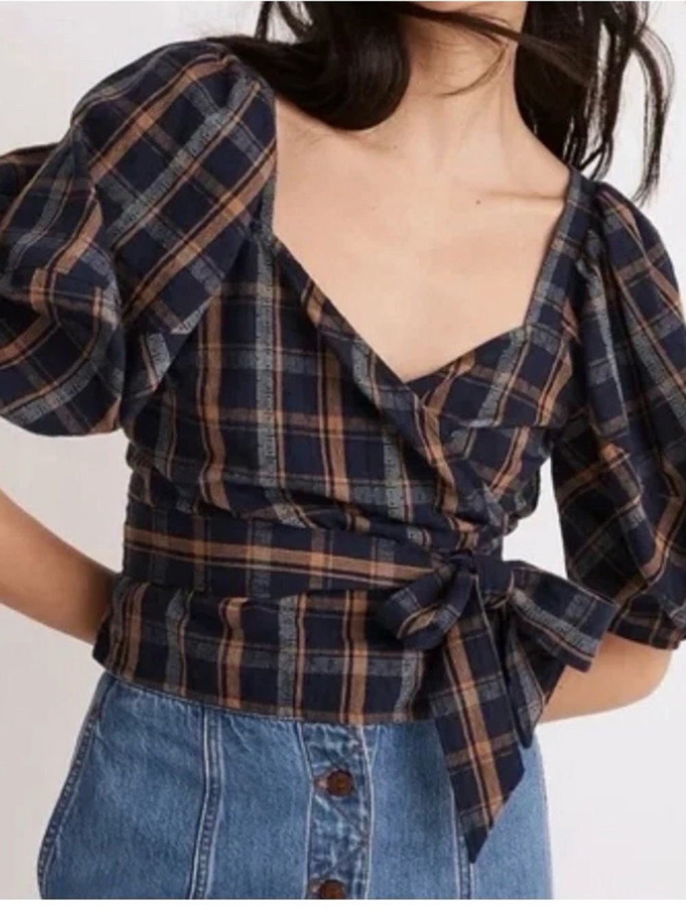 Madewell Wrap Top in Navy/Mustard Plaid with Tie Closure and Puff Sleeves Size S